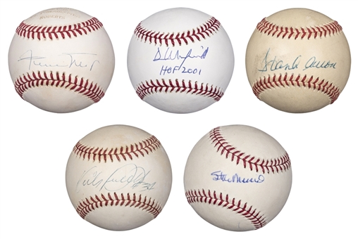 Lot of (5) Hall of Famers Single Signed Baseballs Including - Puckett, Winfield, Musial, Aaron and Mays (Beckett)